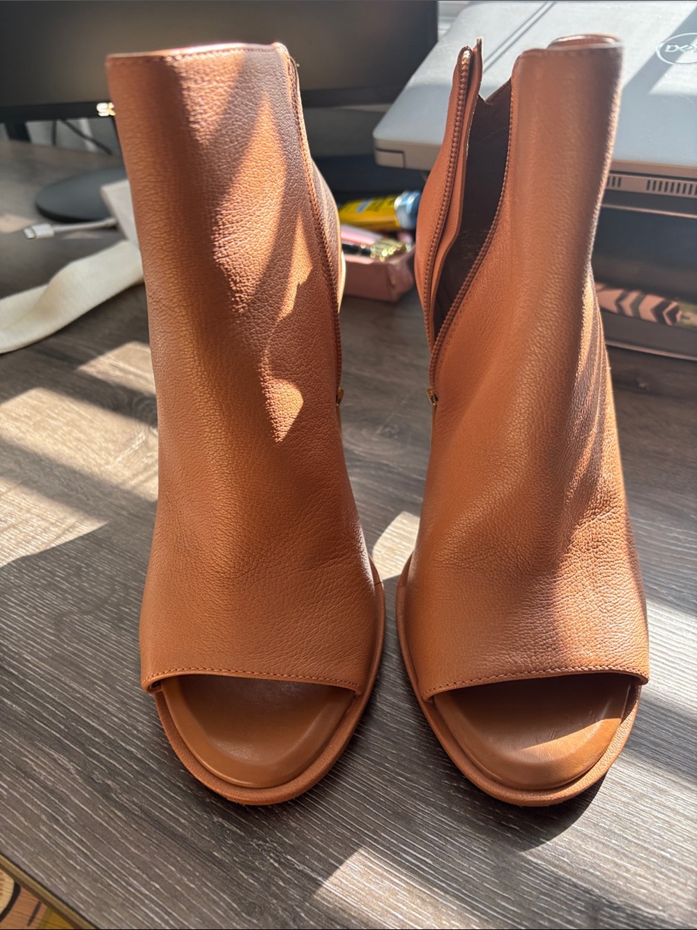 Vince Camuto Tan Leather Peep-Toe Mule Booties